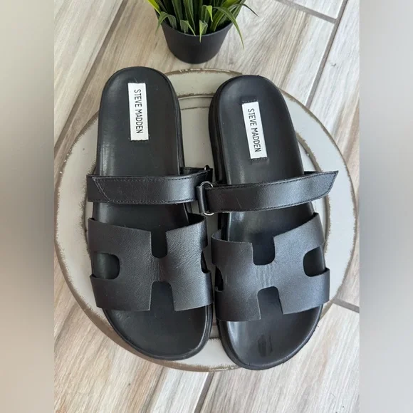 Steve Madden Mayven Slide Sandal Women’s 9.5 Black Leather Adjustable‎ Strap - Picture 3 of 7